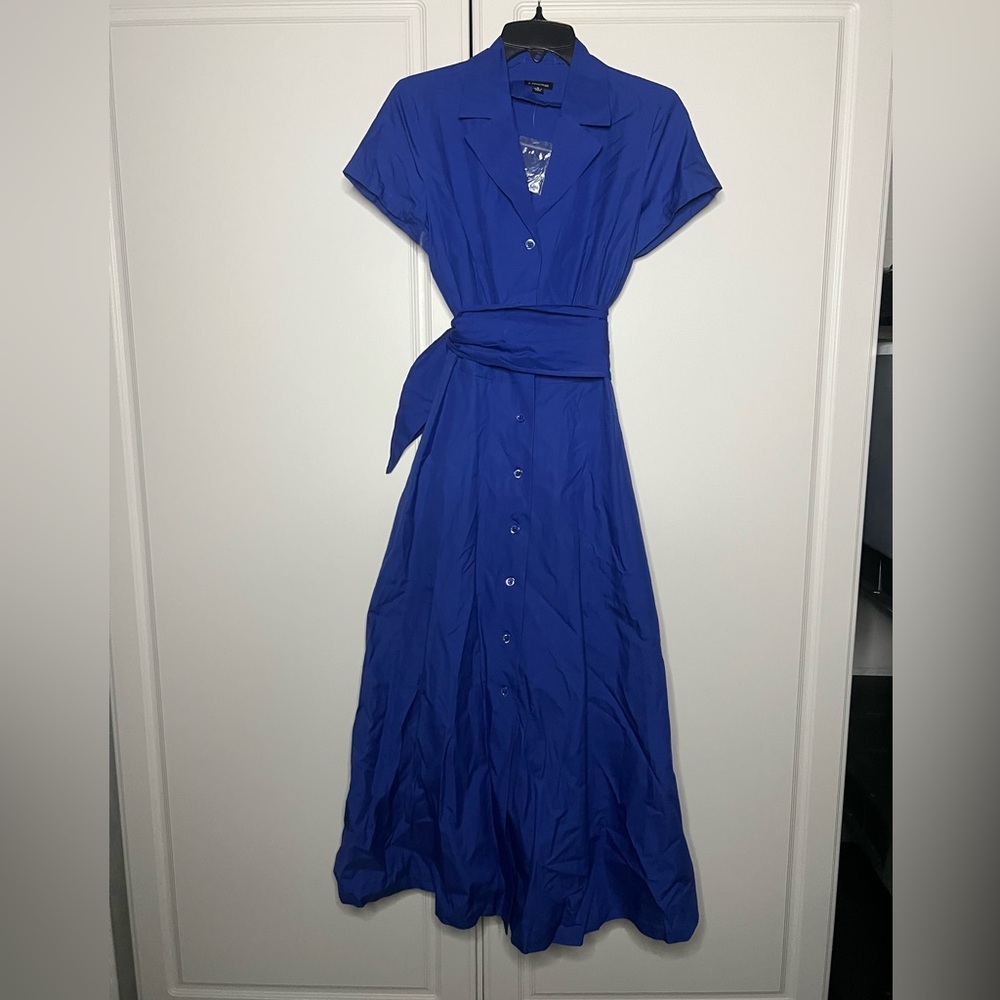 J. Peterman Cobalt Blue Button-Front Midi Dress with Waist Tie